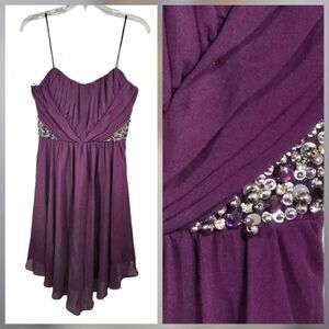 David's Bridal Short Asymmetric Mesh Dress Merlot Beaded Prom Formal Bridesmaid